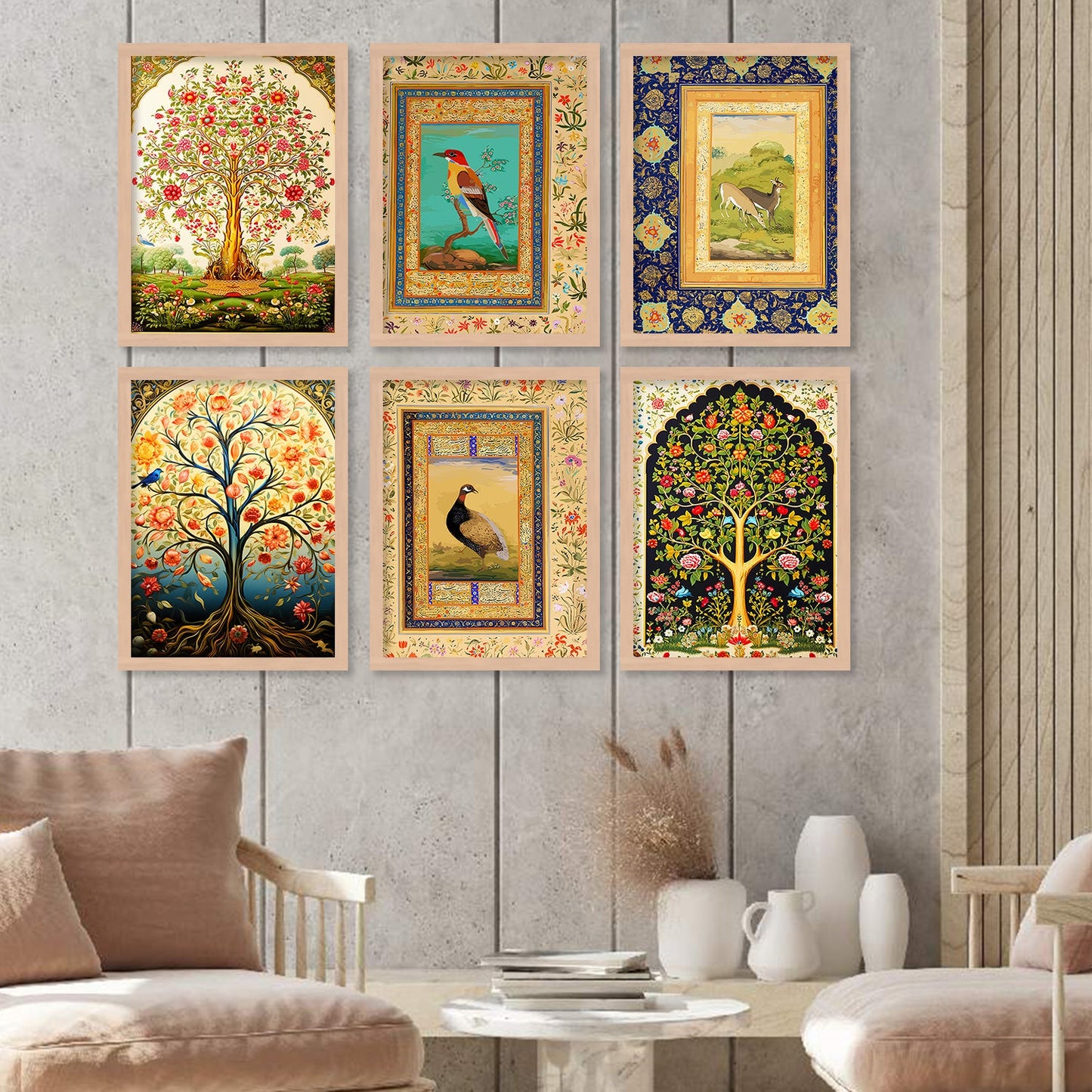 Traditional Indian Madhubani / Pichwai Art  Framed Posters for Home Living Room Bedroom Wall Decor Set of 6